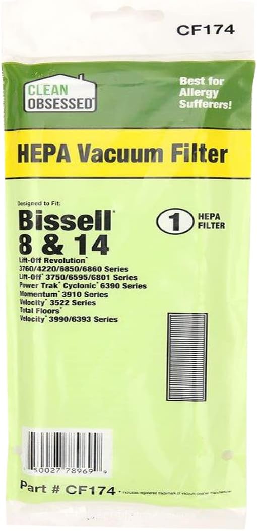 CLEAN OBSESSED REPLACEMENT HEPA VACUUM FILTER FOR BISSELL STYLE 8 & 14 - FITS LIFT-OFF REVOLUTION 3760/4220/6850/6860 SERIES, LIFT-OFF 3750/6595/6801 SERIES, POWER TRAK CYCLONIC 6390 SERIES, MOMENTUM 3910 SERIES, VELOCITY 3522/3990/6393 SERIES