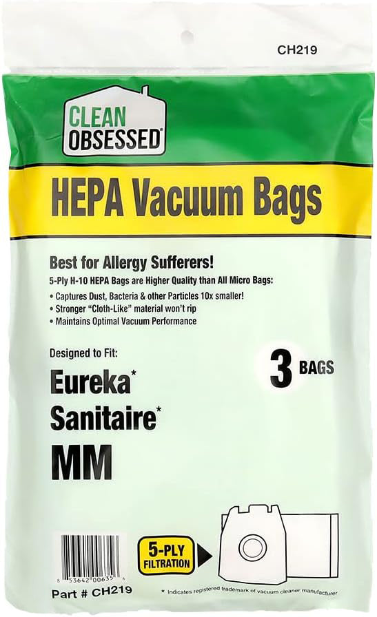 CLEAN OBSESSED H-10 HEPA BAGS TYPE MM BAGS FITS EUREKA MIGHTY MITE MODELS 3670, 3680 & SANITAIRE MODELS S3680 & 3680, PACK OF 3