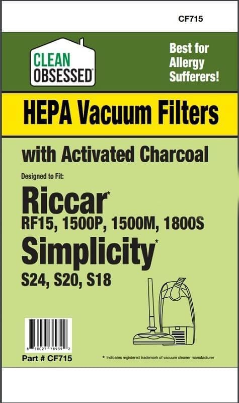 CLEAN OBSESSED REPLACEMENT HEPA VACUUM FILTER WITH ACTIVATED CHARCOAL FOR RICCAR RF15, 1500P, 1500M, 1800S & SIMPLICITY S24, S20, AND S18
