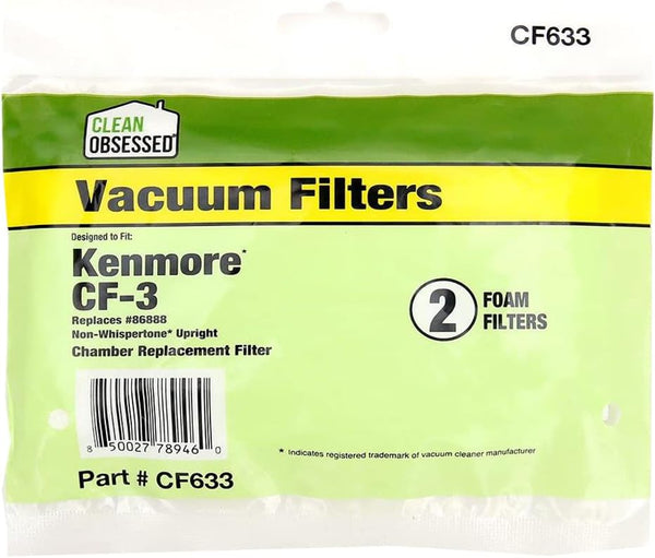 CLEAN OBSESSED REPLACEMENT FILTER FOR KENMORE CF-3, REPLACES #86888, FITS NON-WHISPERTONE UPRIGHT, PACK OF 2