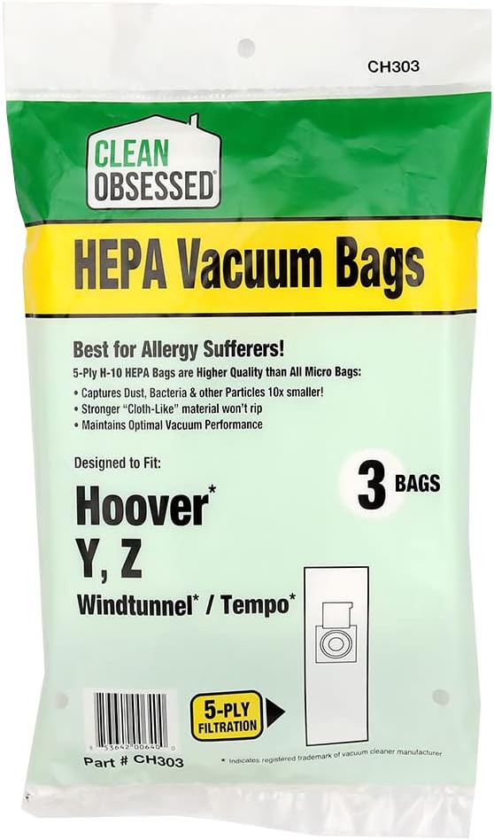 CLEAN OBSESSED H-10 HEPA BAGS FITS HOOVER TYPE Y, Z WINDTUNNEL & TEMPO, PACK OF 3