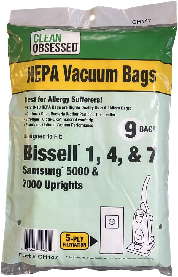 CLEAN OBSESSED H-10 HEPA BAGS FITS BISSELL STYLE 1, 4, & 7, ALSO FITS SAMSUNG 5000 & 7000 UPRIGHTS, PACK OF 9