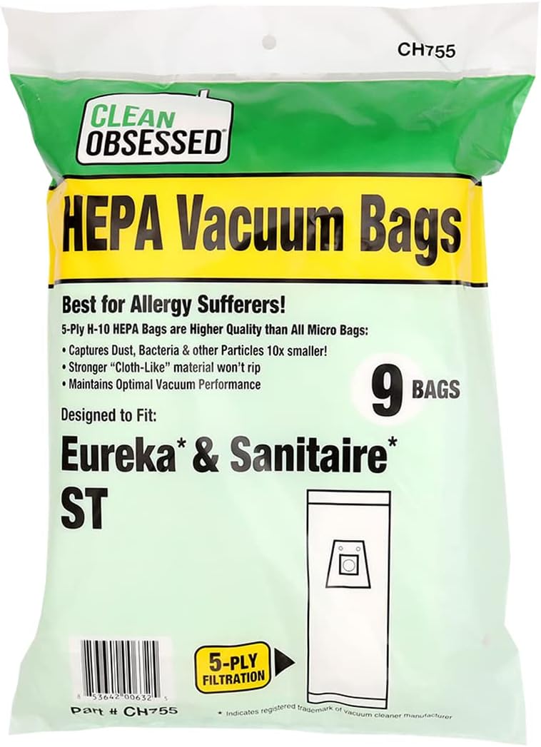 CLEAN OBSESSED H-10 HEPA BAGS FITS EUREKA & SANITAIRE TYPE ST, PACK OF 9