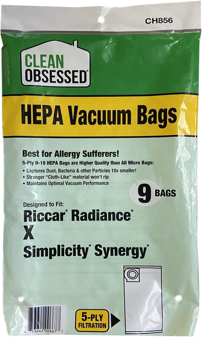 CLEAN OBSESSED H-10 HEPA BAGS FITS RICCAR RADIANCE X & SIMPLICITY SYNERGY, PACK OF 9