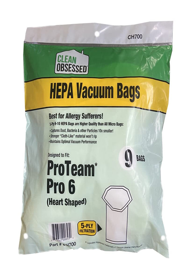 CLEAN OBSESSED H-10 HEPA BAGS FITS PROTEAM SUPER COACH PRO 6, GOFREE FLEX PRO AND PROVAC FS 6, PACK OF 9