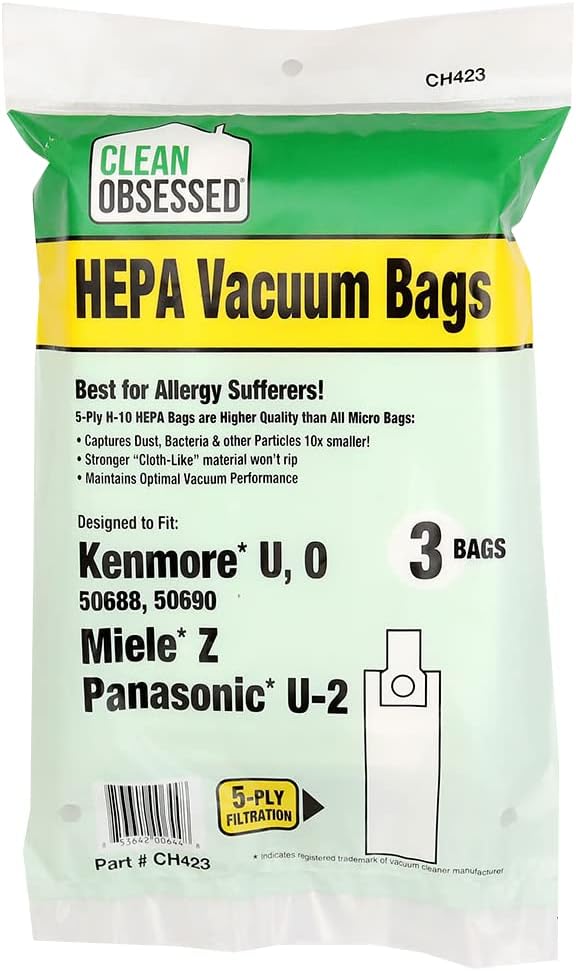 CLEAN OBSESSED H-10 HEPA BAGS FITS KENMORE U, O 50688, 50690, MIELE Z & PANASONIC U-2, PACK OF 3