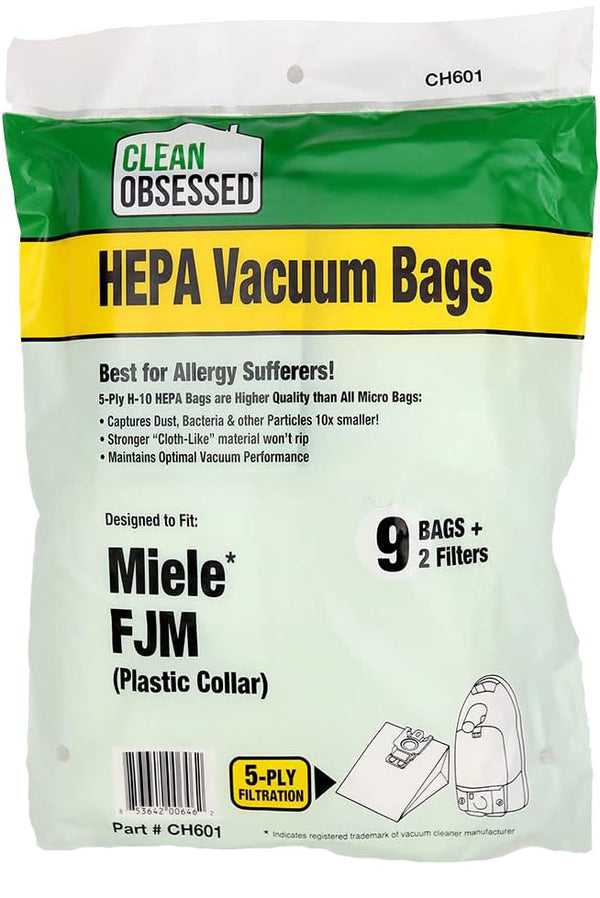 CLEAN OBSESSED H-10 HEPA BAGS TYPE MIELE FJM WITH 1 MOTOR FILTER & 1 SUPERIOR AIR CLEAN FILTER, PACK OF 9