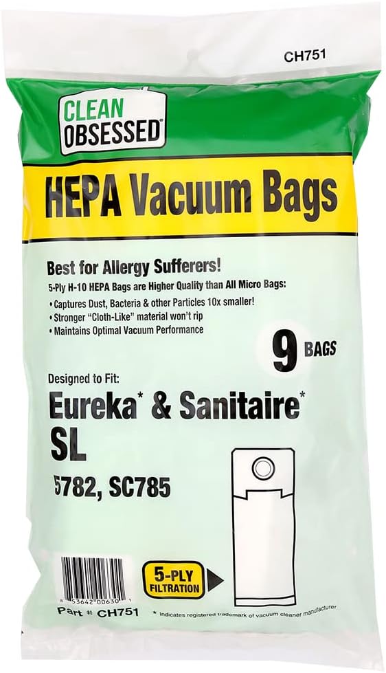 CLEAN OBSESSED H-10 HEPA BAGS FITS EUREKA & SANITAIRE SL 5782, SC785, PACK OF 9