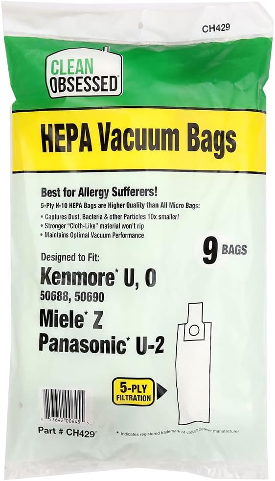 CLEAN OBSESSED H-10 HEPA BAGS FITS KENMORE U, O 50688, 50690, MIELE Z & PANASONIC U-2, PACK OF 9