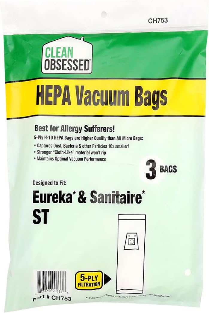 CLEAN OBSESSED H-10 HEPA BAGS FITS EUREKA & SANITAIRE TYPE ST, PACK OF 3