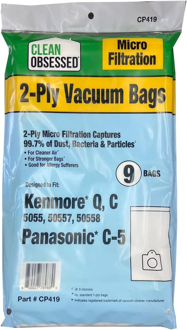 CLEAN OBSESSED MICRO FILTRATION BAGS FITS KENMORE CANISTER C/Q 50555, 50557, 50558 & PANASONIC TYPE C-5, PACK OF 9