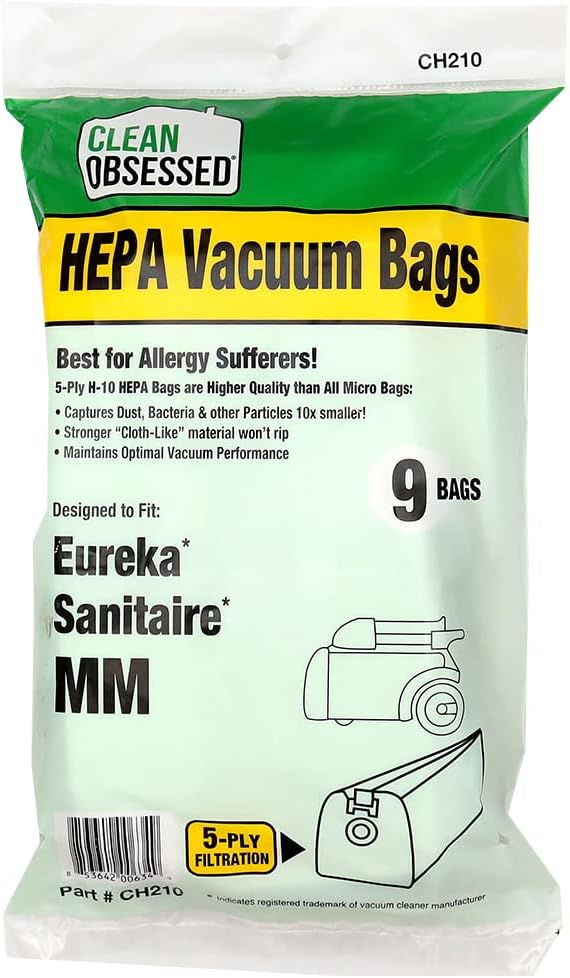 CLEAN OBSESSED H-10 HEPA BAGS TYPE MM BAGS FOR EUREKA MIGHTY MITE MODELS 3670, 3680 & SANITAIRE MODELS S3680 & 3680, PACK OF 9