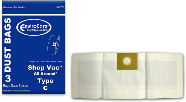 ENVIROCARE VACUUM CLEANER DUST BAGS FOR SHOP VAC ALL AROUND TYPE C, PACK OF 3