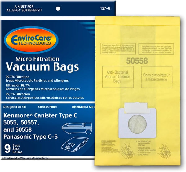 ENVIROCARE VACUUM CLEANER BAGS FOR KENMORE TYPE C 5055, 50557 AND 50558 AND PANASONIC TYPE C-5 CANISTER, PACK OF 9