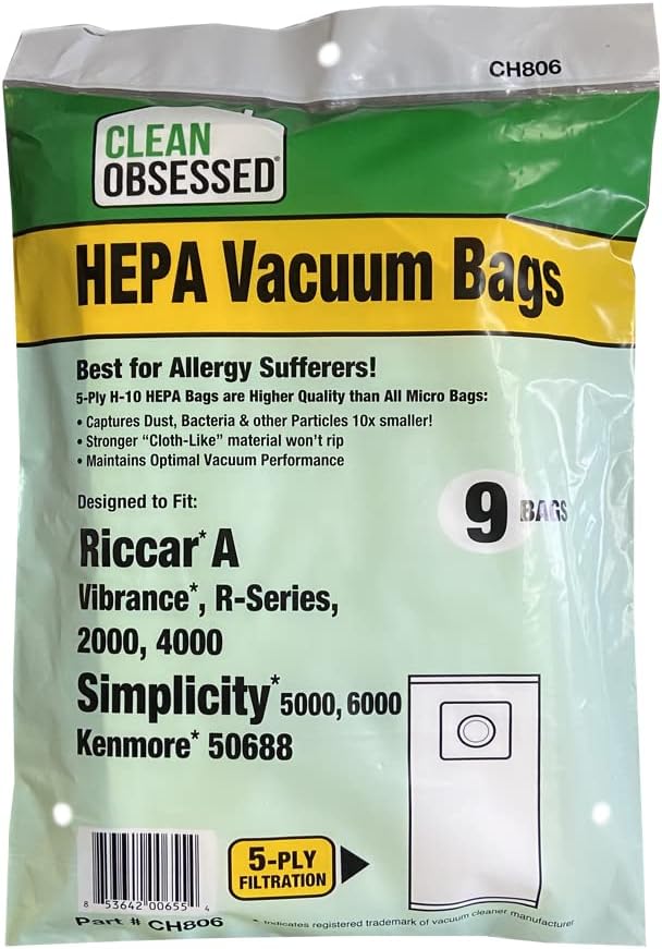 CLEAN OBSESSED H-10 HEPA BAGS FITS RICCAR A - VIBRANCE, R-SERIES 2000, 4000, SIMPLICITY 5000, 6000 & KENMORE 50688, PACK OF 9