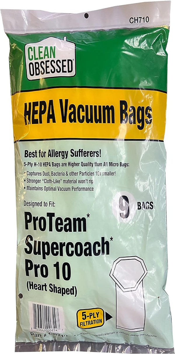 CLEAN OBSESSED H-10 HEPA BAGS FITS PROTEAM SUPERCOACH PRO 10 (HEART SHAPED), PACK OF 9