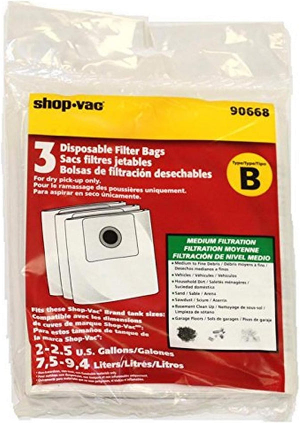 SHOP-VAC TYPE B DISPOSABLE VACUUM CLEANER FILTER BAGS, PACK OF 3