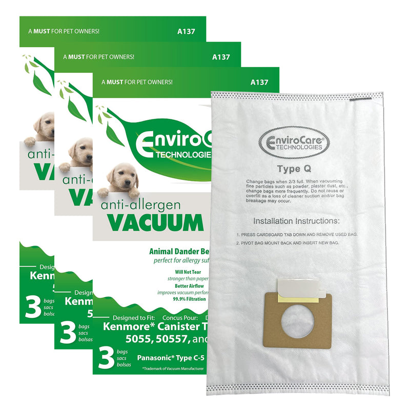 ENVIROCARE ANTI-ALLERGEN VACUUM BAGS FOR KENMORE CANISTER TYPE C OR Q 50555, 50558, 50557 AND PANASONIC TYPE C-5, PACK OF 9