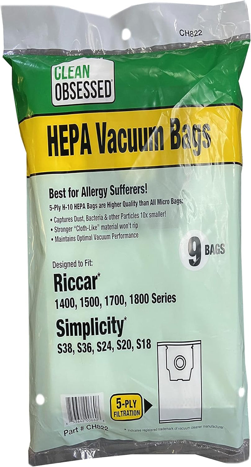 CLEAN OBSESSED H-10 HEPA BAGS FITS RICCAR 1400, 1500, 1700,AND 1800 SERIES ALSO FITS SIMPLICITY S38, S36, S24, S20, & S18 MODELS, PACK OF 9