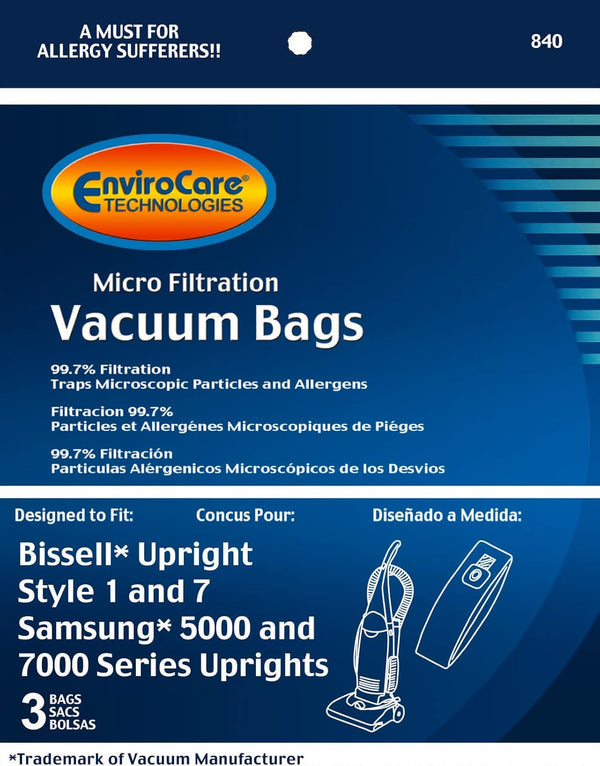 ENVIROCARE MICRO FILTRATION VACUUM CLEANER DUST BAGS MADE TO FIT BISSELL STYLE 1 & 7 UPRIGHTS, PACK OF 3