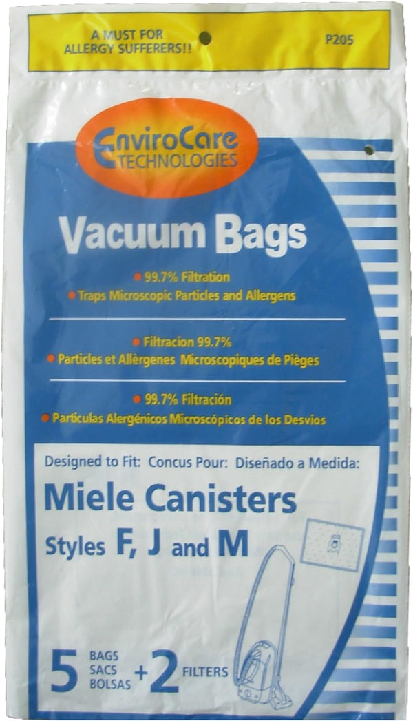 ENVIROCARE ALLERGEN VACUUM CLEANER DUST BAGS MADE TO FIT MIELE CANISTERS STYLE F, J, M, PACK OF 5 WITH 2 FILTERS