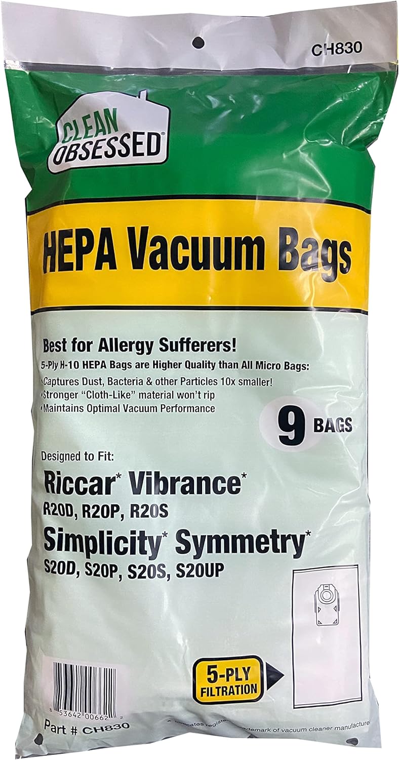 CLEAN OBSESSED H-10 HEPA BAGS FITS RICCAR VIBRANCE MODELS R20D, R20P, R20S & SIMPLICITY SYMMETRY S20D, S20P, S20S, S20UP, PACK OF 9