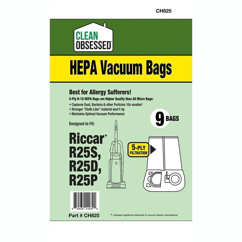 CLEAN OBSESSED H-10 HEPA BAGS FITS RICCAR R25S, R25D & R25P, PACK OF 9